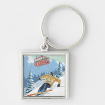 Jackson Hole, Wyoming Skier and Tram Keychain