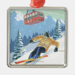 Jackson Hole, Wyoming Skier and Tram Christmas Ornaments