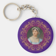 Jane Austen Colour Portrait in Gold Swirl Frame Keychain