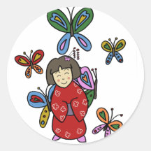 Japanese girl with butterflies etiqueta