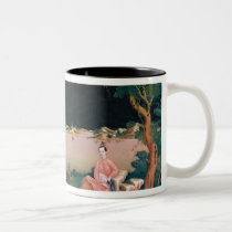 Japanese mirror painting showing a girl seated mugs