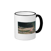 Japanese mirror painting showing a girl seated mugs