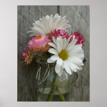 Jar Of Daisies & Strawflowers & Barn Wood Poster