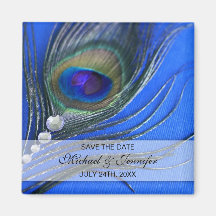 Jewel Peacock Feather Blue Save the Date Fridge Magnet
