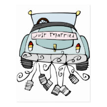 Just married car dragging cans postcard