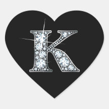 "K" Diamond Bling on Black Heart Sticker