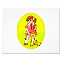 kid in red dress feeding chicks yellow oval.png art photo