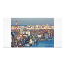 Kiev bussines and industry city landscape on river photo card template