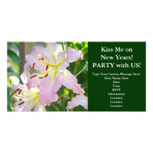 Kiss me on New Years! Invitations Pink Lily Flower Photo Card Template