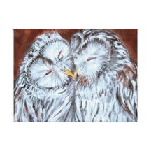 Kissing owls stretched canvas prints