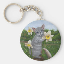 Kitten with Daffodils and Rat Keychain