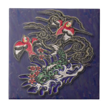 Koi with birds on blue tile