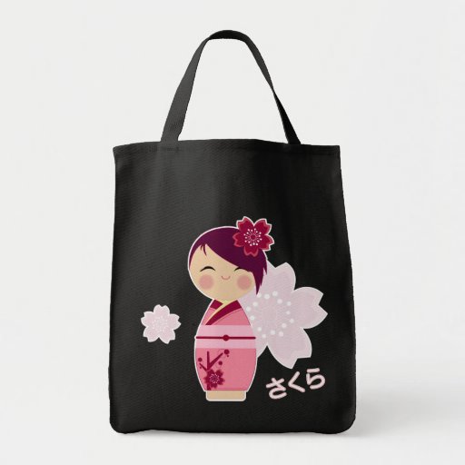 Kokeshi Sakura Grocery Tote Canvas Bag