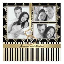 KRW Elegant Black and Gold Engagement Photo Personalized Invites