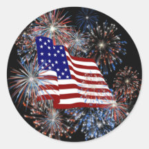 KRW Patriotic American Flag and Fireworks Round Stickers