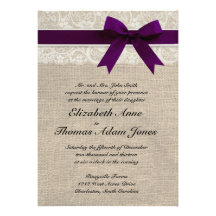 Lace and Burlap Rustic Wedding Invitation- Plum