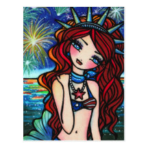 Lady Liberty 4th of July Mermaid Art Postcard