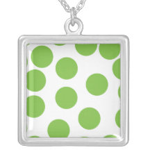 Large Pea Green Dots on White. Personalized Necklace