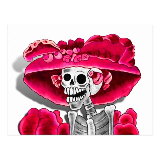 Laughing Skeleton Woman in Red Bonnet Post Cards