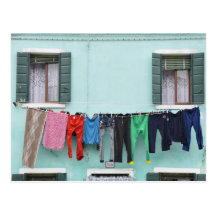 Laundry drying by clothesline, postcard