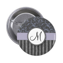 Lavender Grey Floral Wisps & Stripes with Monogram Buttons