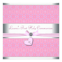 Lavender Pink Heart Pink Cross First Communion Personalised Invites
