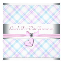 Lavender Pink Heart Pink Cross First Communion Personalized Invite