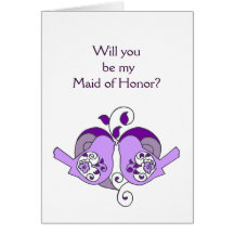 Lavender Purple  Bird Floral Heart Maid of Honour Greeting Cards