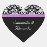 Lavender Purple Damask Black/White Heart Sticker