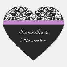 Lavender Purple Damask Black/White Heart Sticker