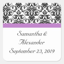 Lavender Purple Damask Black/White Square Sticker