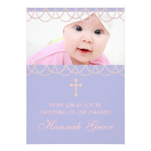 Lavender Purple Pearl Cross Photo Christening Invites