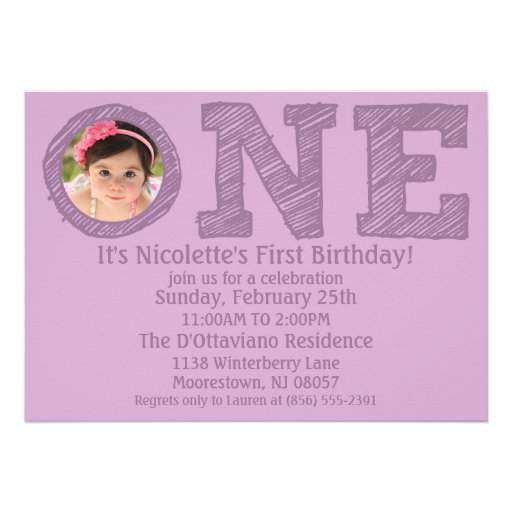 Lavender The Big One Photo First Birthday Party Personalized Invites
