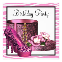 Leopard High Heel Shoes Pink Zebra Birthday Party Personalized Announcements