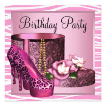 Leopard High Heel Shoes Pink Zebra Birthday Party Invitations