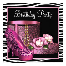 Leopard High Heel Shoes Pink Zebra Birthday Party Invitation