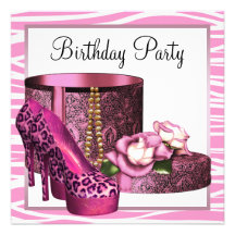 Leopard High Heel Shoes Pink Zebra Birthday Party Personalized Announcement