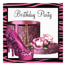 Leopard High Heels Hot Pink Zebra Birthday Party Custom Announcements