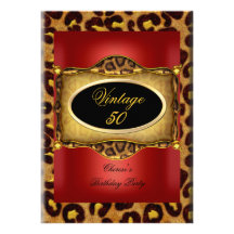 Leopard Red Gold Black Birthday Elegant Vintage Invite