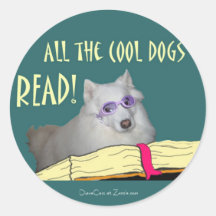 Library - Samoyed - Cool Dogs Read Literacy Round Stickers