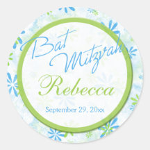 Lime, Blue, White Floral 1.5" Round Bat Mitzvah Sticker
