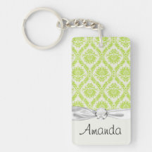 lime green and cream elegant damask pattern rectangle acrylic keychain