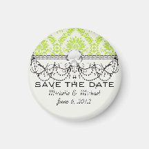 lime green and cream elegant damask pattern fridge magnets