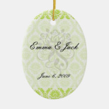 lime green and cream elegant damask pattern christmas ornaments