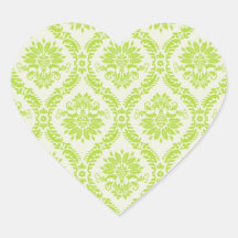 lime green and cream elegant damask pattern heart stickers