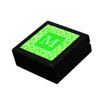 Lime Green Leopard Print Custom Monogram. Keepsake Boxes