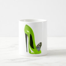 Lime green stiletto shoe and butterfly mugs