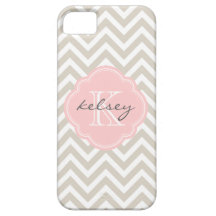 Linen Beige and Pink Chevron Custom Monogram iPhone 5 Case