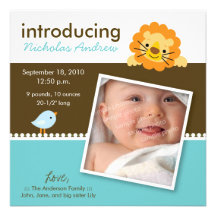 Lion & Birdie Designer Birth Announcement (blue)