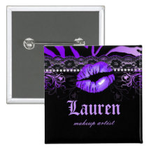 Lips Lace n Diamonds Zebra Makeup Artist Purple Pinback Button